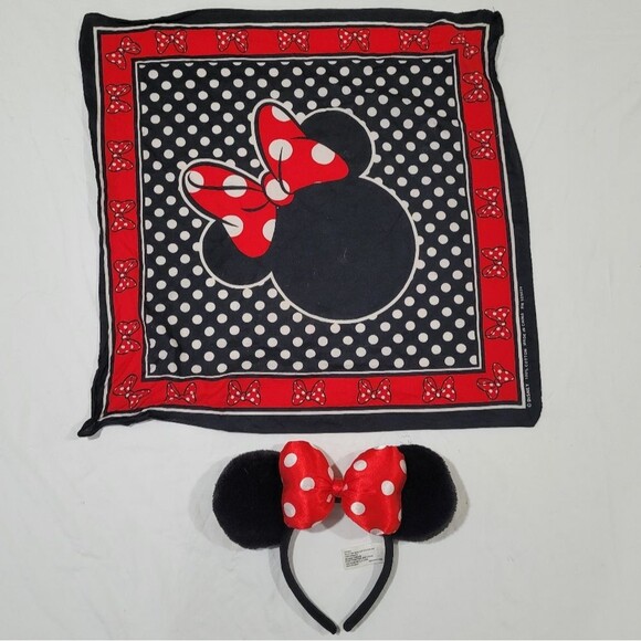 Disney Minnie Mouse Red Black Bandana Scarf and Headband Bundle - Picture 1 of 3